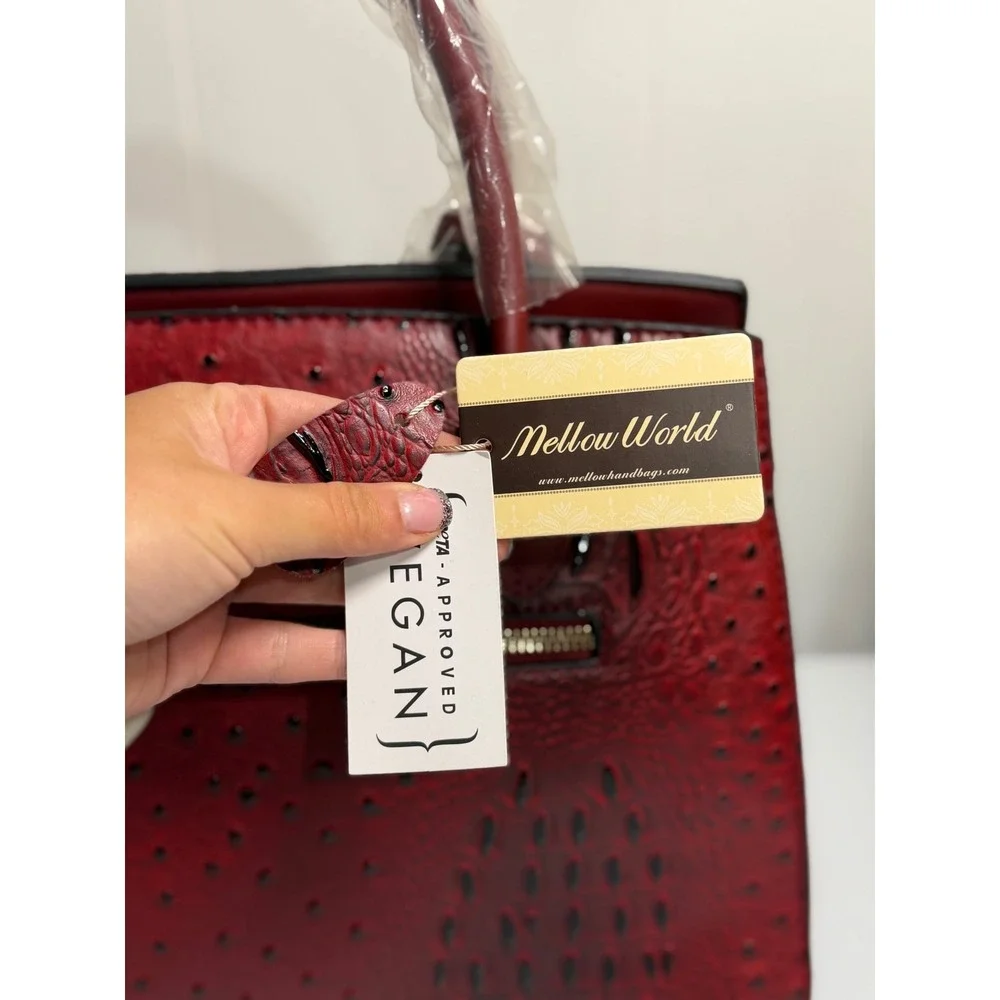 Mellow World Satchel Bag Red Ostrich Croc Embossed Vegan‎ Leather Top Handle New
